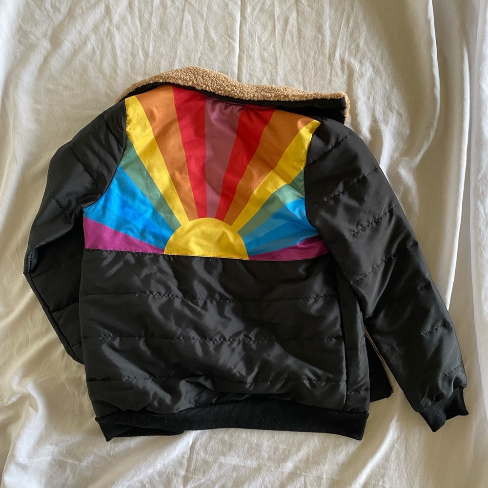 NWOT black bomber jacket with rainbow